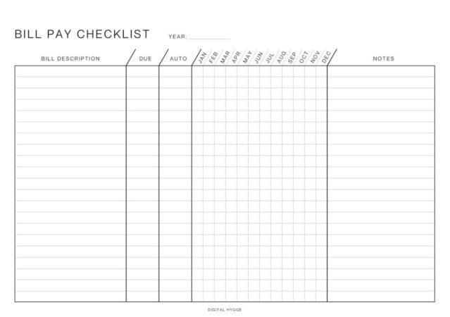 Printable Bill Pay Checklists (4 variations, sizes A4, A5, Letter)