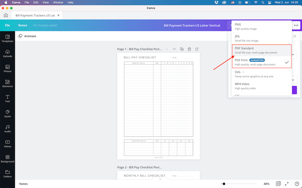 What is the difference between PDF Standard and PDF Print in Canva