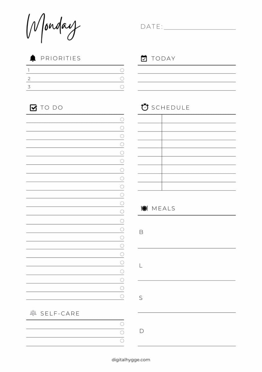 Undated Daily Planner Printable - Digital Hygge