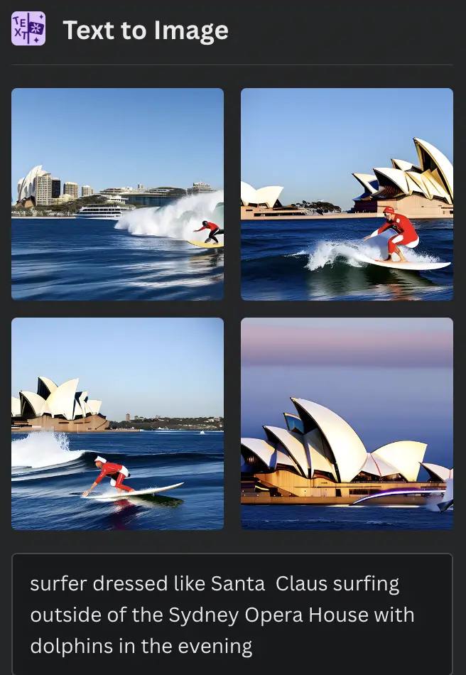 Canva's Text to Image AI feature tested with the prompt "surfer dressed like Santa Claus surfing outside of the Sydney Opera House with dolphins in the evening"