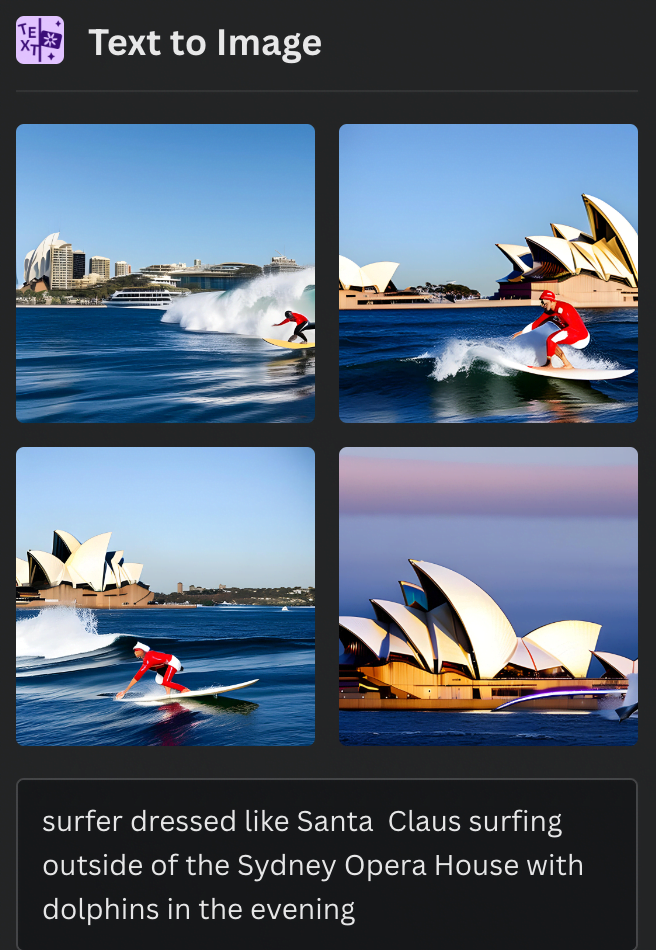 Canva's Text to Image AI feature tested with the prompt "surfer dressed like Santa Claus surfing outside of the Sydney Opera House with dolphins in the evening"