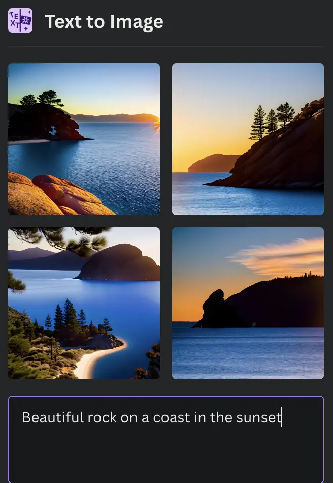 Screenshot of the Canva Text to Image results with the prompt: "Beautiful rock on a coast in the sunset"