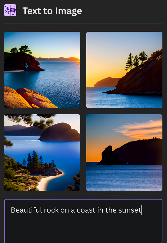 Screenshot of the Canva Text to Image results with the prompt: "Beautiful rock on a coast in the sunset"