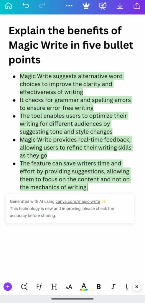 Testing Canva's new AI-powered. Magic Write feature