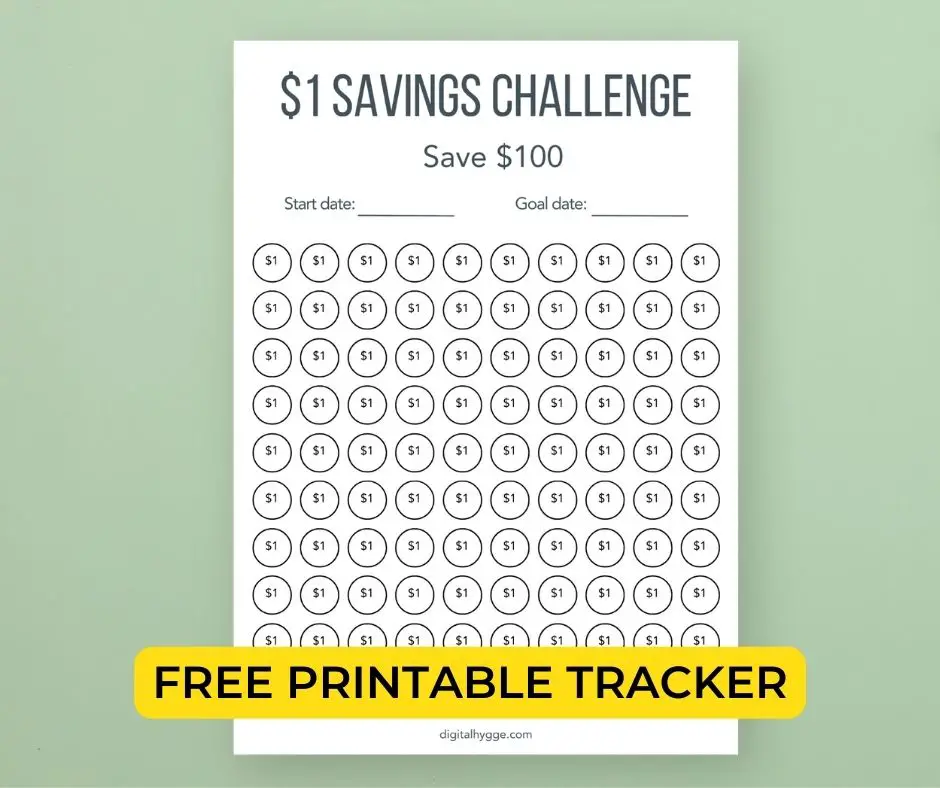 A minimalist $1 savings challenge tracker with a $100 savings target. Free printable savings challenge tracker.