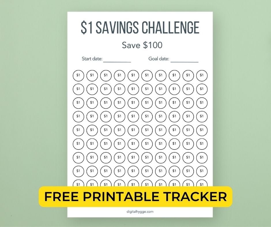 A minimalist $1 savings challenge tracker with a $100 savings target. Free printable savings challenge tracker.