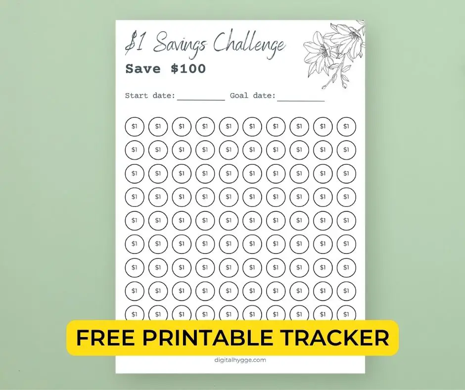 A floral-themed $1 savings challenge tracker with a $100 savings goal. Free printable savings challenge tracker.