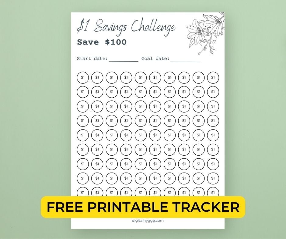 A floral-themed $1 savings challenge tracker with a $100 savings goal. Free printable savings challenge tracker.