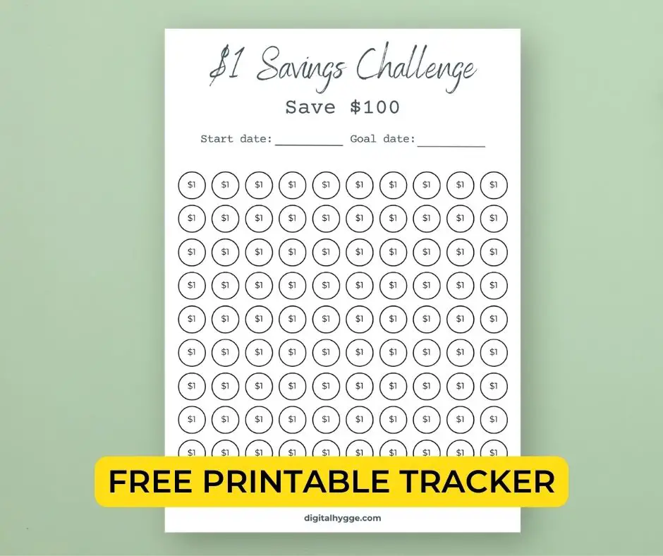 A clean $1 savings challenge tracker aiming for a $100 savings goal. Free printable savings challenge tracker.