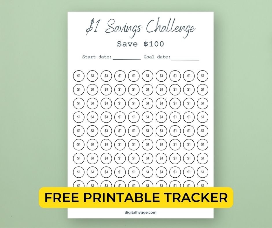 A clean $1 savings challenge tracker aiming for a $100 savings goal. Free printable savings challenge tracker.