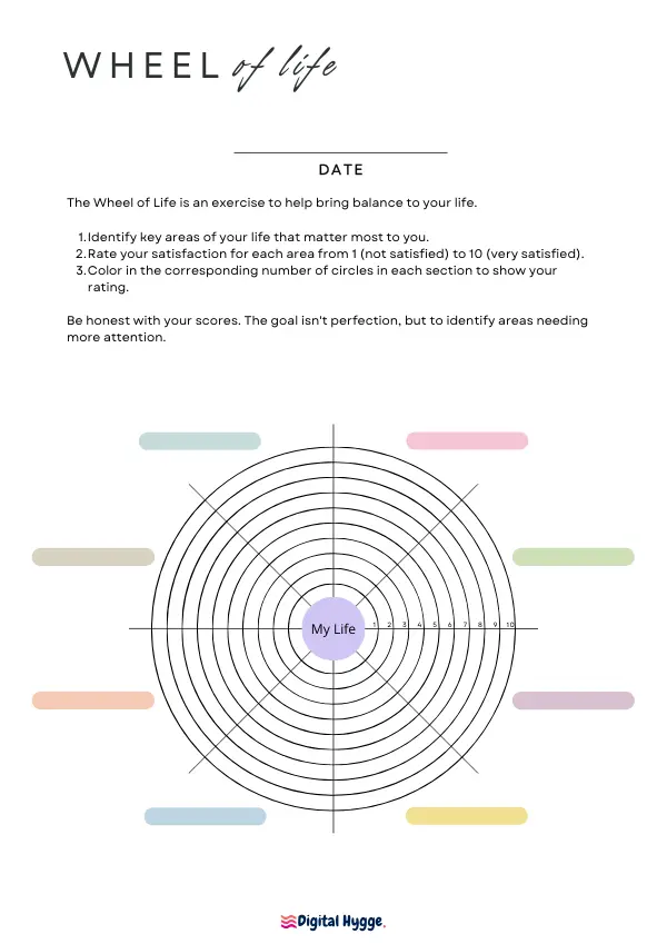 This is a preview of the printable Wheel of Life Template. Pastel colors. This is a classic wheel of life with 8 categories.