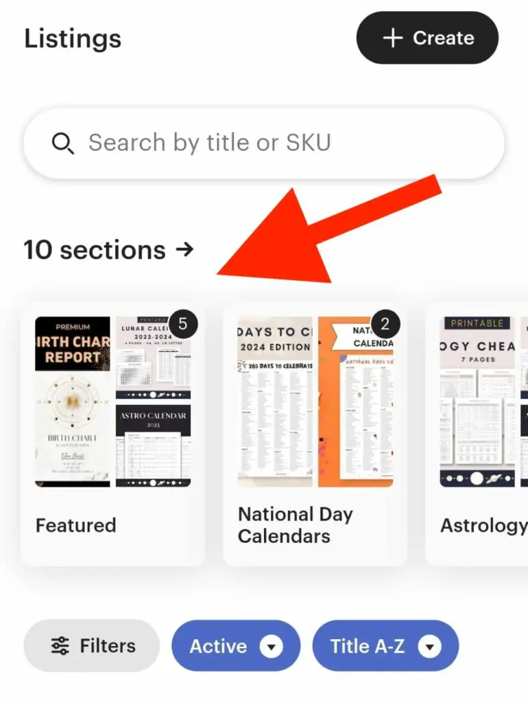 How to find a link to a section in the Etsy shop using Etsy Seller app