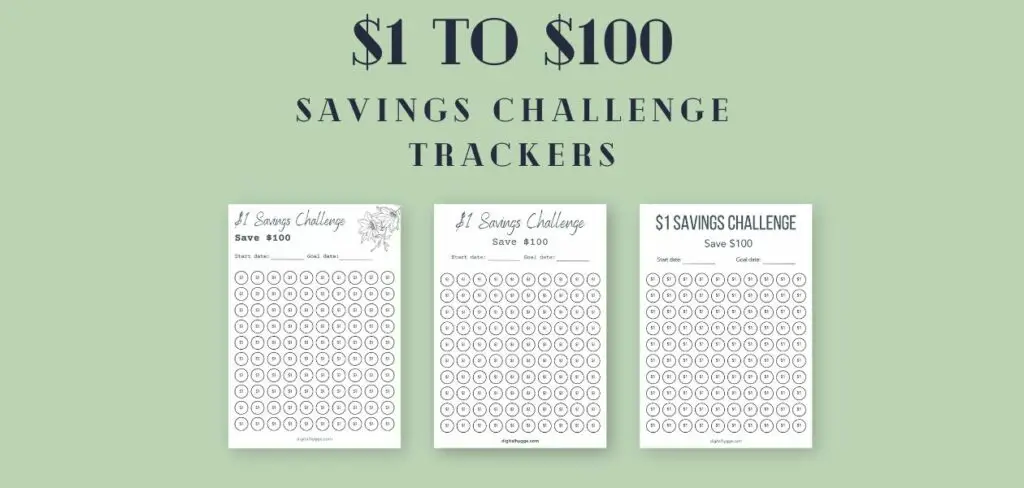 One dollar to one hundred money saving challenge trackers
