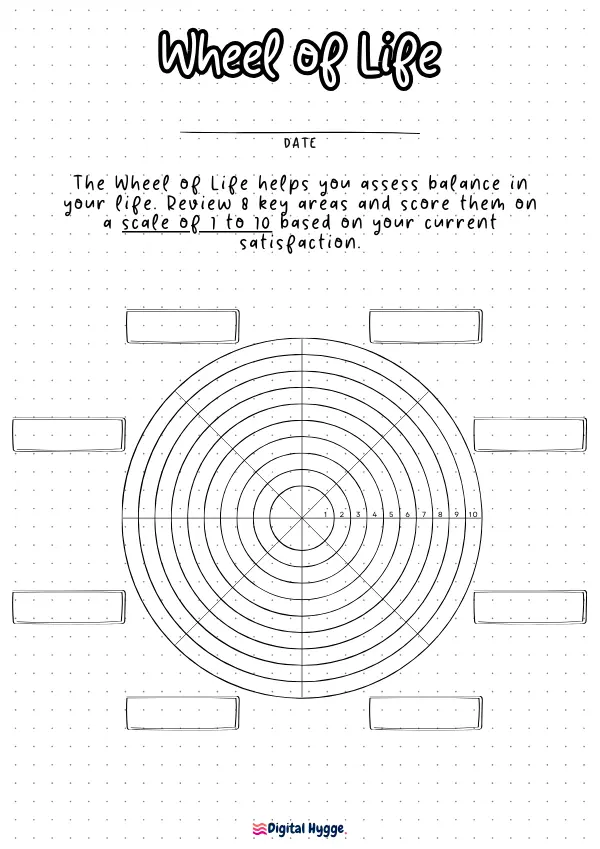 This is a preview of the printable Blank Wheel of Life Template. This is a classic wheel of life with 8 categories. The design made in bullet journal style.