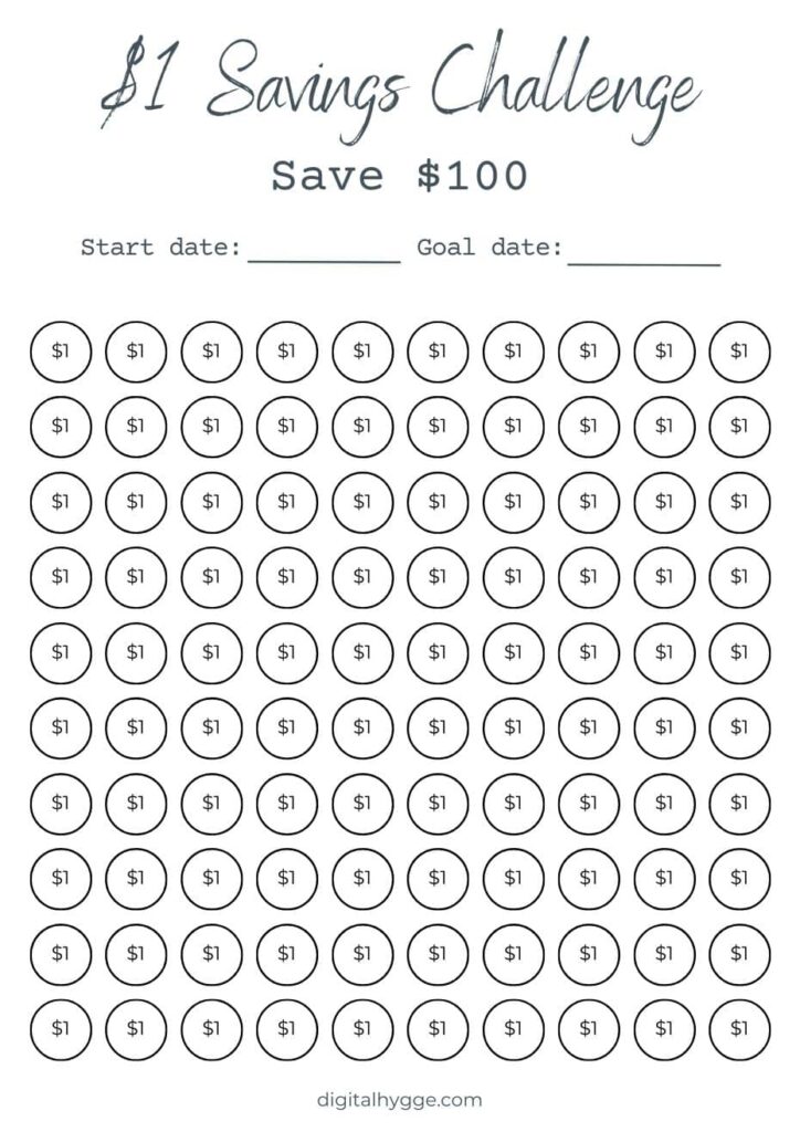 Save $100. $1 Savings Challenges A6 Style 2