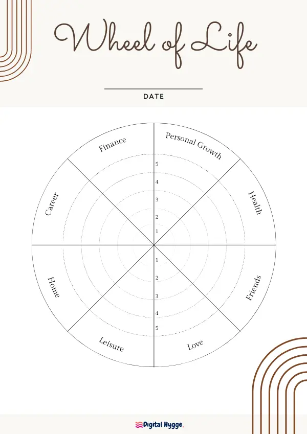 This is a preview of the printable Wheel of Life Template. Aesthetic design. This is a classic wheel of life with 8 categories. Printer-friendly design.