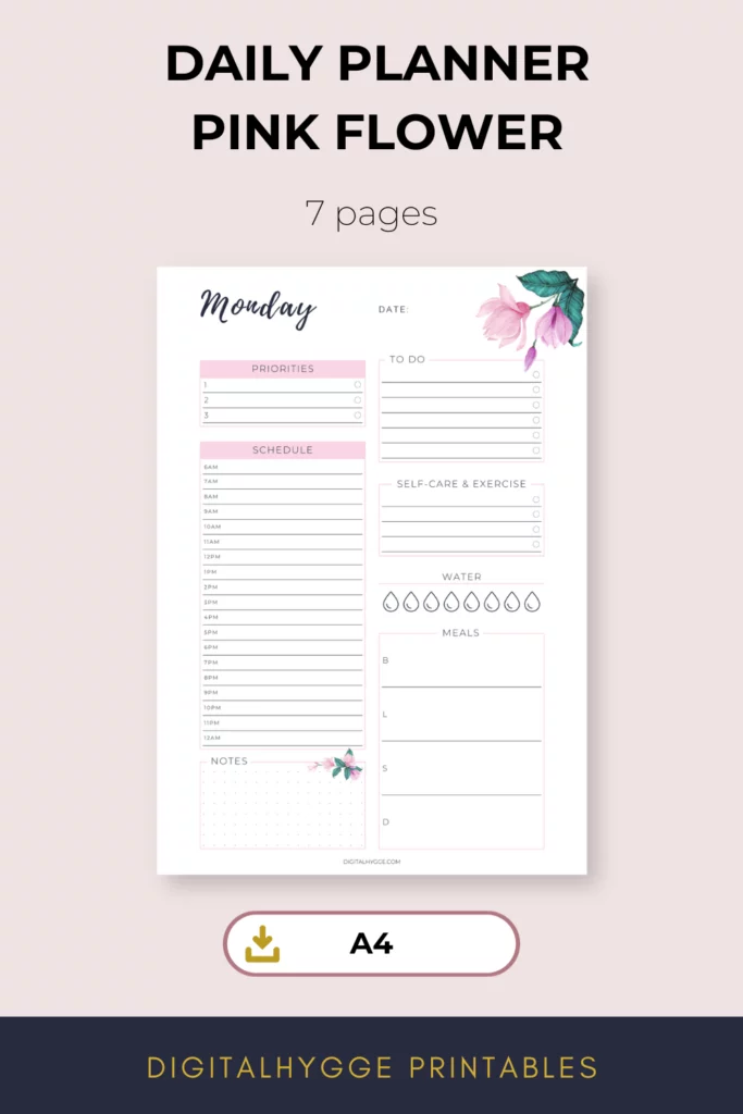 7-Day Planner A4 Pink Watercolor Flower. 