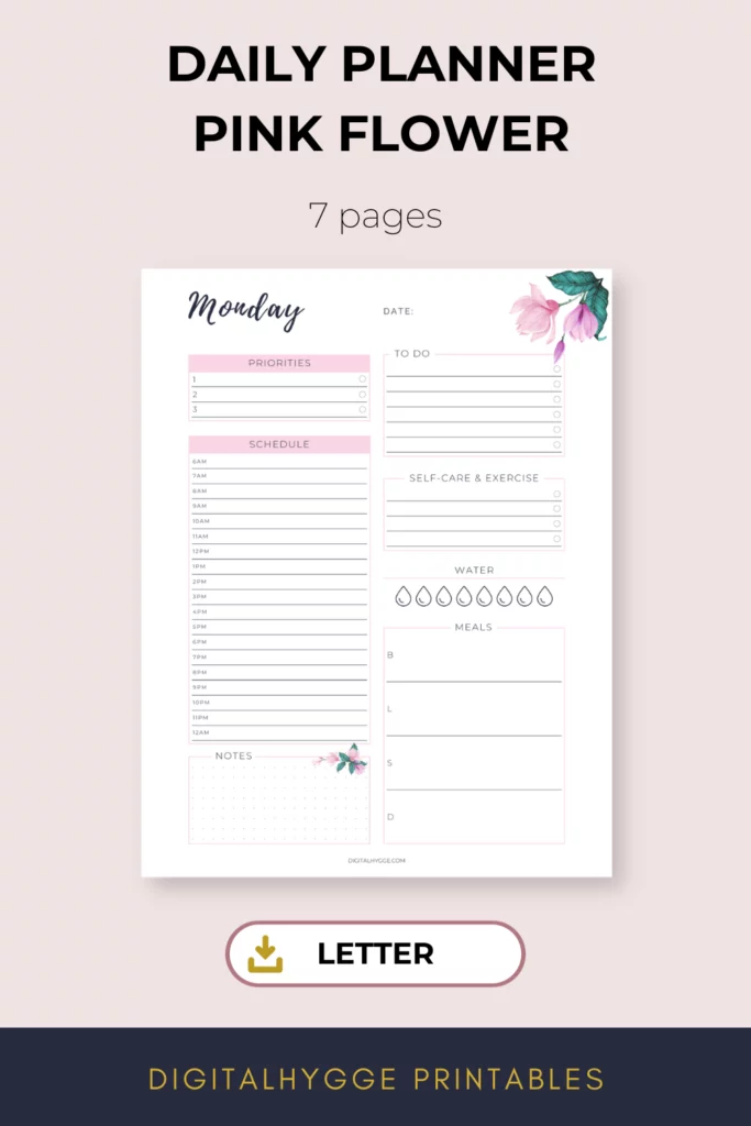 7 Day Daily Planner Letter Pink Watercolor Flower