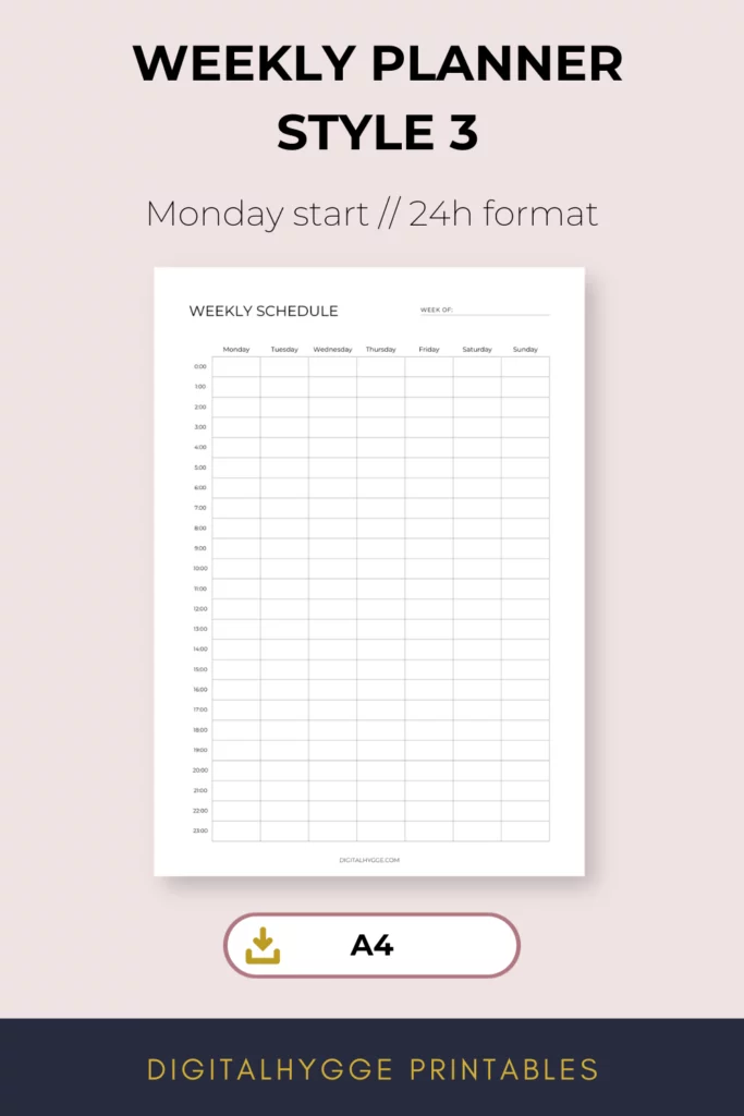 Weekly Planner Style 3 A4 size. This is a printable weekly planner template with a 24-hour schedule for each day of the week. Monday start included.