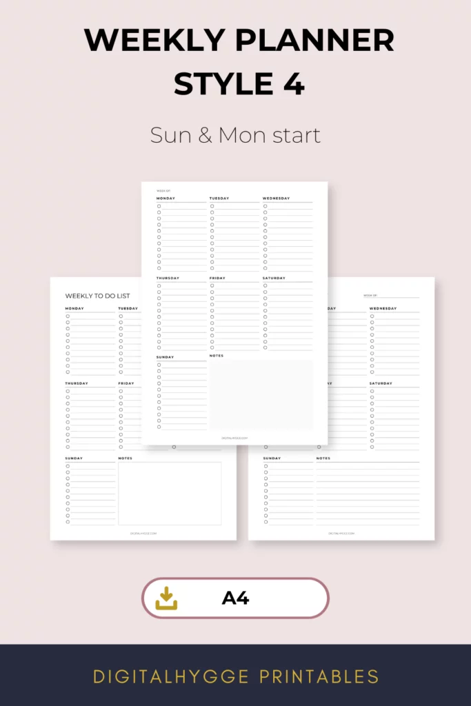 Weekly Planner Style 4 A4 size. This is a simple printable weekly planner page with daily to-do list for each day of the week and a notes section at the bottom of the page.