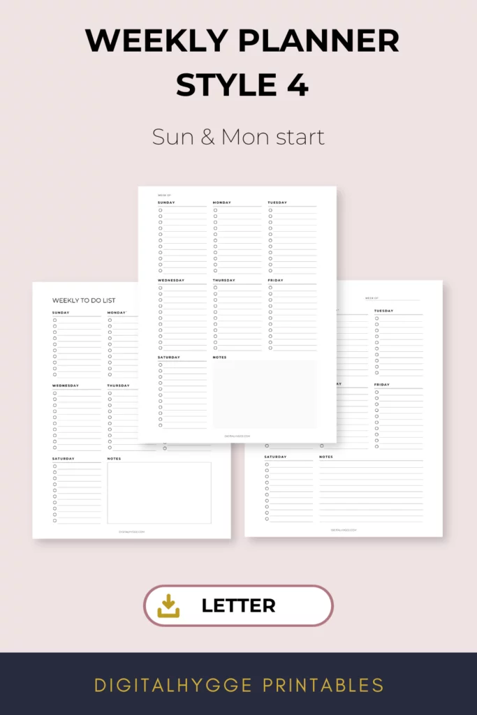 Weekly Planner Style 4 Letter size. This is a simple printable weekly planner page with daily to-do list for each day of the week and a notes section at the bottom of the page.