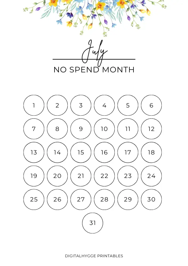 This is a printable no spend monthly tracker for the month of July. The design is simple and features beautiful hand-drawn watercolor flowers. 