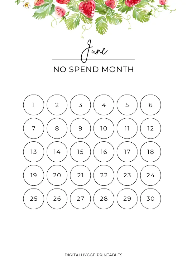 This is a printable no spend monthly tracker for the month of June. The design is simple and features beautiful hand-drawn watercolor flowers. 