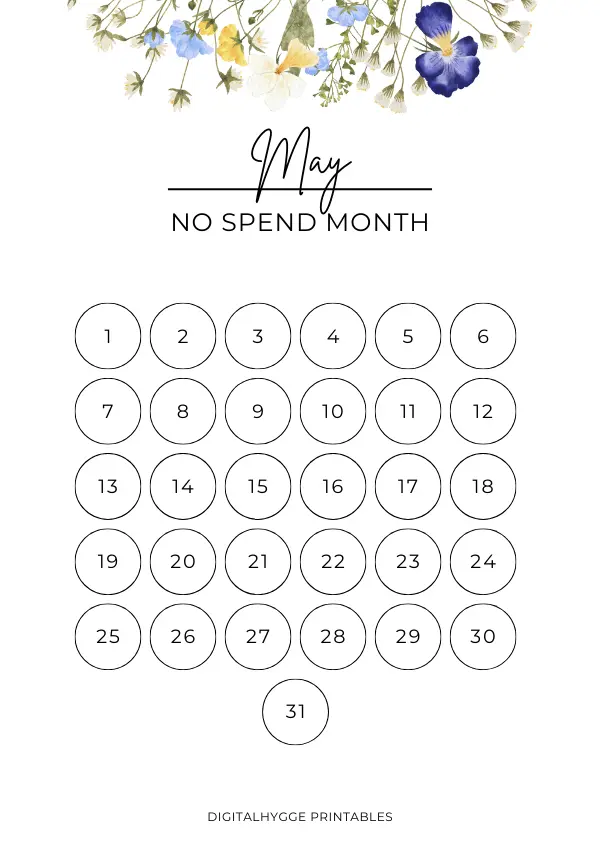 This is a printable no spend monthly tracker for the month of May. The design is simple and features beautiful hand-drawn watercolor flowers. 