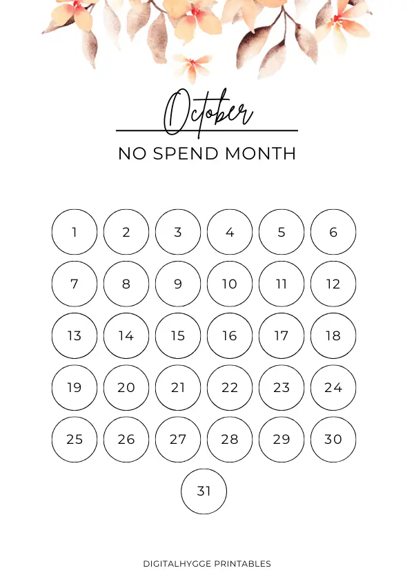 This is a printable no spend monthly tracker for the month of October. The design is simple and features beautiful hand-drawn watercolor flowers. 