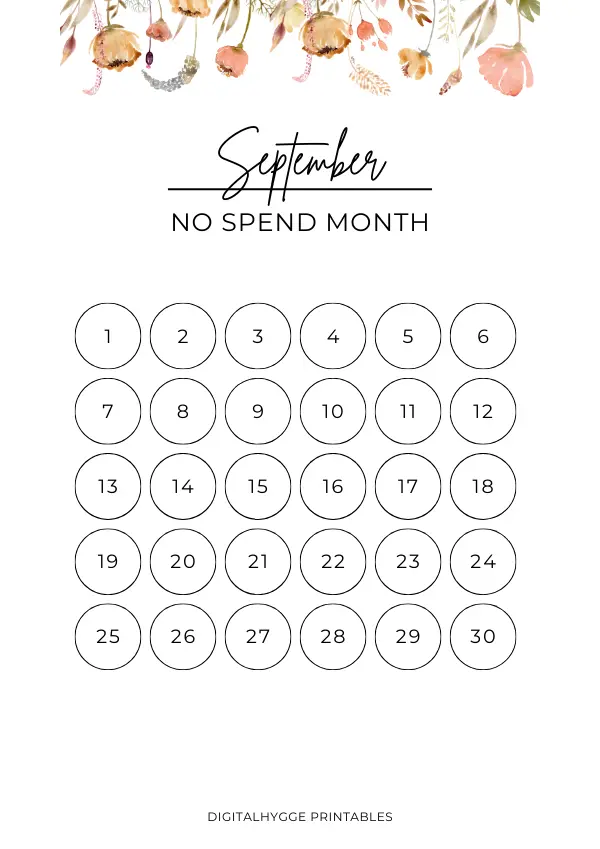 This is a printable no spend monthly tracker for the month of September. The design is simple and features beautiful hand-drawn watercolor flowers. 