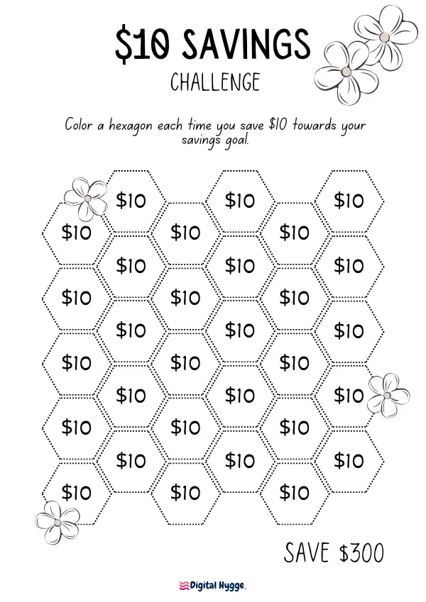 Printable $10 Savings Challenge Tracker featuring 30 hexagonal slots and hand-drawn floral designs. Designed for a flexible savings journey, this tracker can be used as a monthly challenge or tailored to any timeframe to reach a $300 goal. Ideal for visualizing and tracking savings progress.