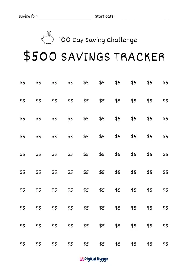 Free Printable 100 Day Savings Challenge Tracker for $500, £500, €500 goal - versatile daily savings plan in USD, GBP, EUR.