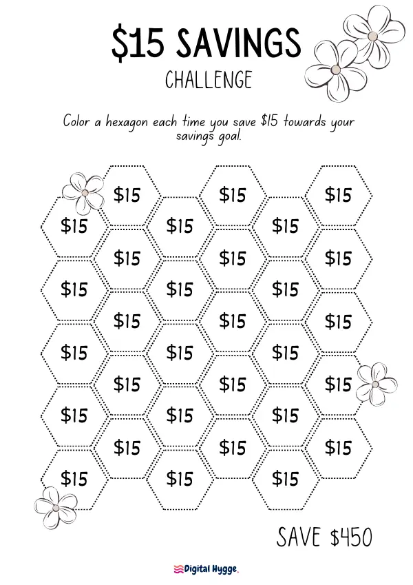 Printable $15 Savings Challenge Tracker featuring 30 hexagonal slots and hand-drawn floral designs. Designed for a flexible savings journey, this tracker can be used as a monthly challenge or tailored to any timeframe to reach a $450 goal. Ideal for visualizing and tracking savings progress.
