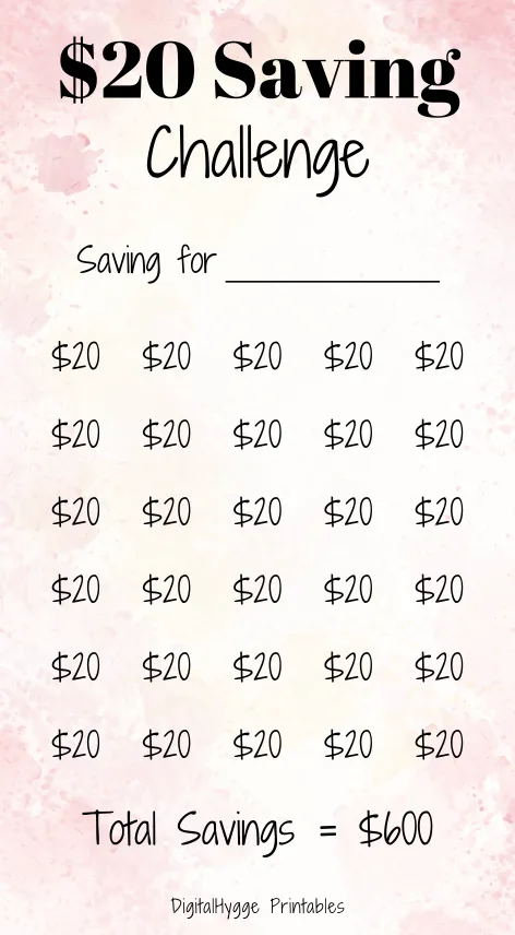 20 Dollars Savings Tracker Watercolor Pink
