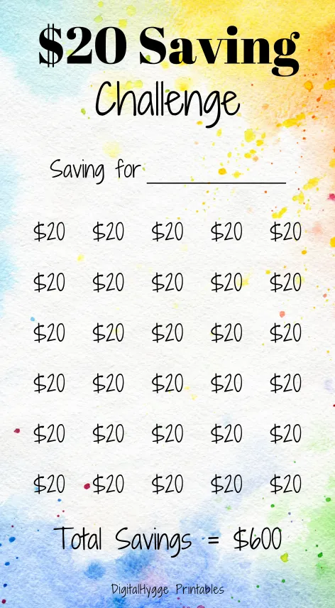 20 Dollars Savings Tracker Watercolor