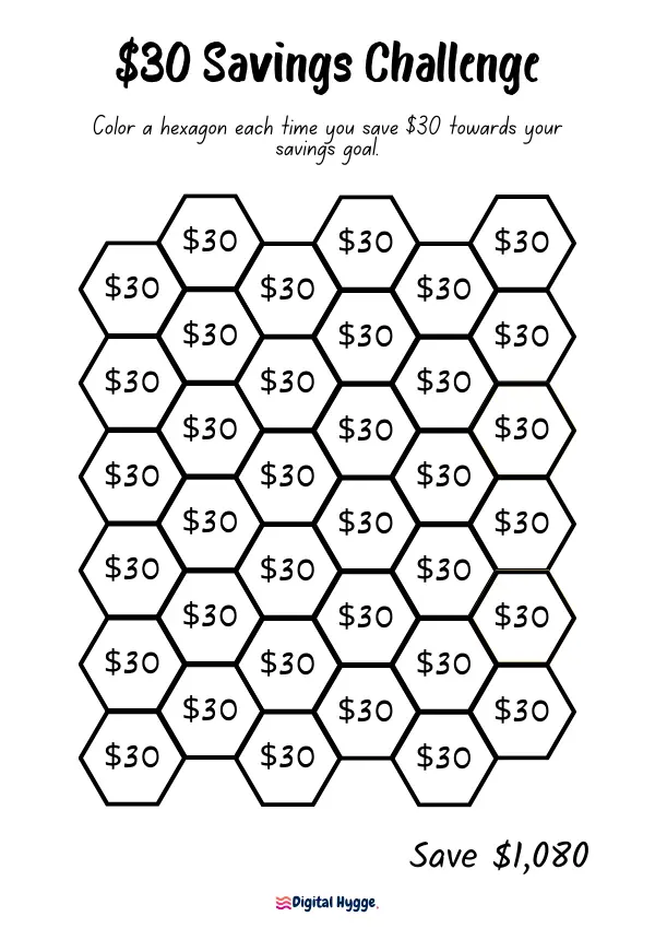 Simple Printable $30 Savings Challenge Tracker with 36 hexagonal slots, each representing $30. Tailored for a versatile savings journey, this design allows for monthly challenges or any desired timeframe to achieve a $1,080 goal. Perfect for easily visualizing and tracking your savings progress.