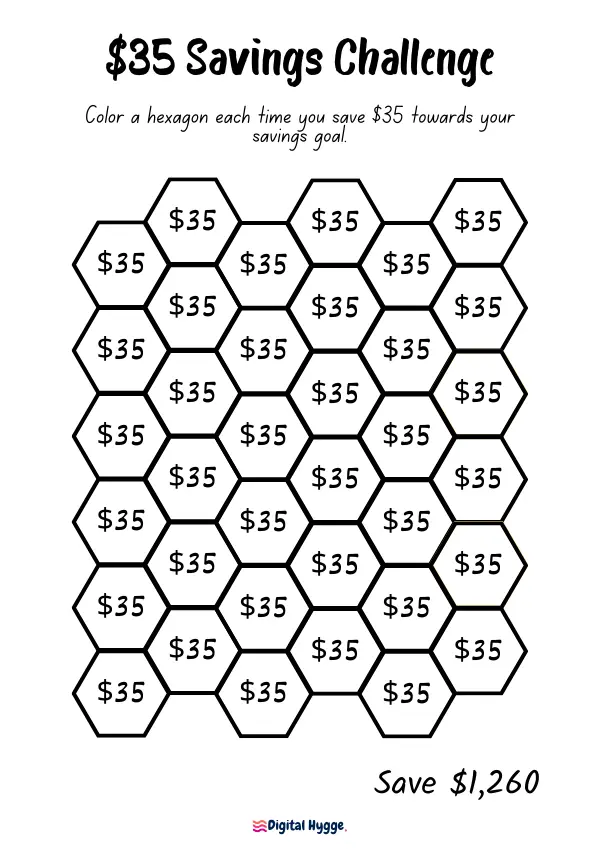 Simple Printable $35 Savings Challenge Tracker with 36 hexagonal slots, each representing $35. Tailored for a versatile savings journey, this design allows for monthly challenges or any desired timeframe to achieve a $1,260 goal. Perfect for easily visualizing and tracking your savings progress.