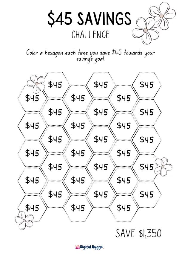 Printable $45 Savings Challenge Tracker featuring 30 hexagonal slots and hand-drawn floral designs. Designed for a flexible savings journey, this tracker can be used as a monthly challenge or tailored to any timeframe to reach a $1,350 goal. Ideal for visualizing and tracking savings progress.