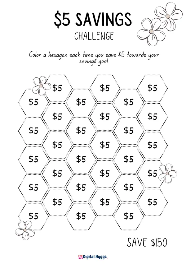 Printable $5 Savings Challenge Tracker featuring 30 hexagonal slots and hand-drawn floral designs. Designed for a flexible savings journey, this tracker can be used as a monthly challenge or tailored to any timeframe to reach a $150 goal. Ideal for visualizing and tracking savings progress.