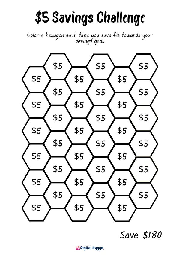 Simple Printable $5 Savings Challenge Tracker with 36 hexagonal slots, each representing $5. Tailored for a versatile savings journey, this design allows for monthly challenges or any desired timeframe to achieve a $180 goal. Perfect for easily visualizing and tracking your savings progress.