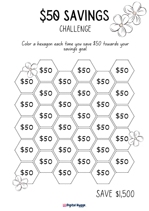 Printable $50 Savings Challenge Tracker featuring 30 hexagonal slots and hand-drawn floral designs. Designed for a flexible savings journey, this tracker can be used as a monthly challenge or tailored to any timeframe to reach a $1,500 goal. Ideal for visualizing and tracking savings progress.