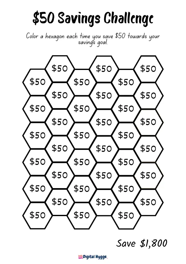 Simple Printable $50 Savings Challenge Tracker with 36 hexagonal slots, each representing $50. Tailored for a versatile savings journey, this design allows for monthly challenges or any desired timeframe to achieve a $1,800 goal. Perfect for easily visualizing and tracking your savings progress.