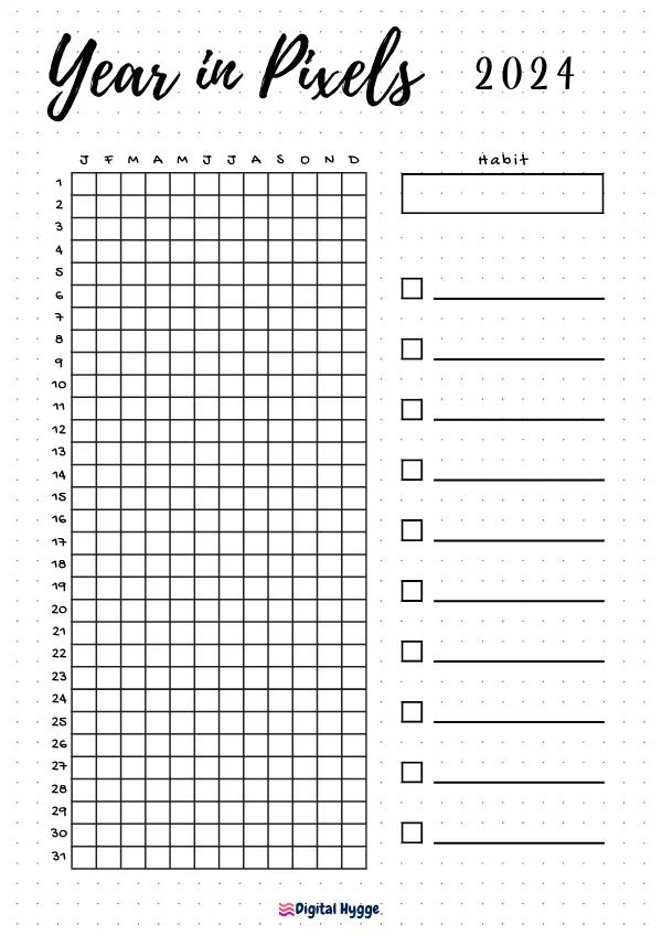 This is a free printable Year in Pixels tracker for the year 2024. The tracker is designed in Bullet Journal style. Sizes available A4 and Letter.