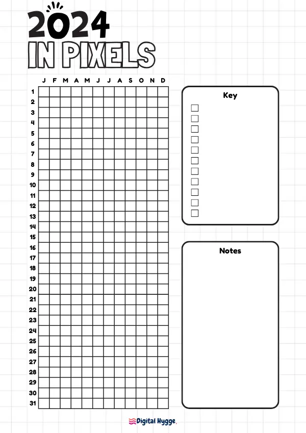 This is a free printable Year in Pixels tracker for the year 2024. The tracker is designed in Doodle style. Sizes available A4 and Letter.