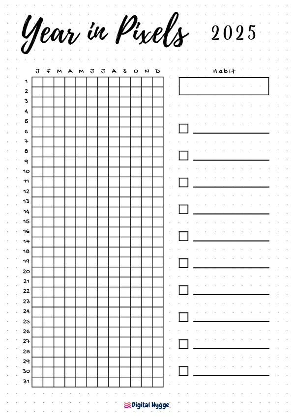 This is a free printable Year in Pixels tracker for the year 2025. The tracker is designed in Bullet Journal style. Sizes available A4 and Letter.