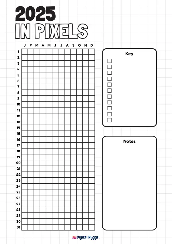 This is a free printable Year in Pixels tracker for the year 2025. The tracker is designed in Doodle style. Sizes available A4 and Letter.
