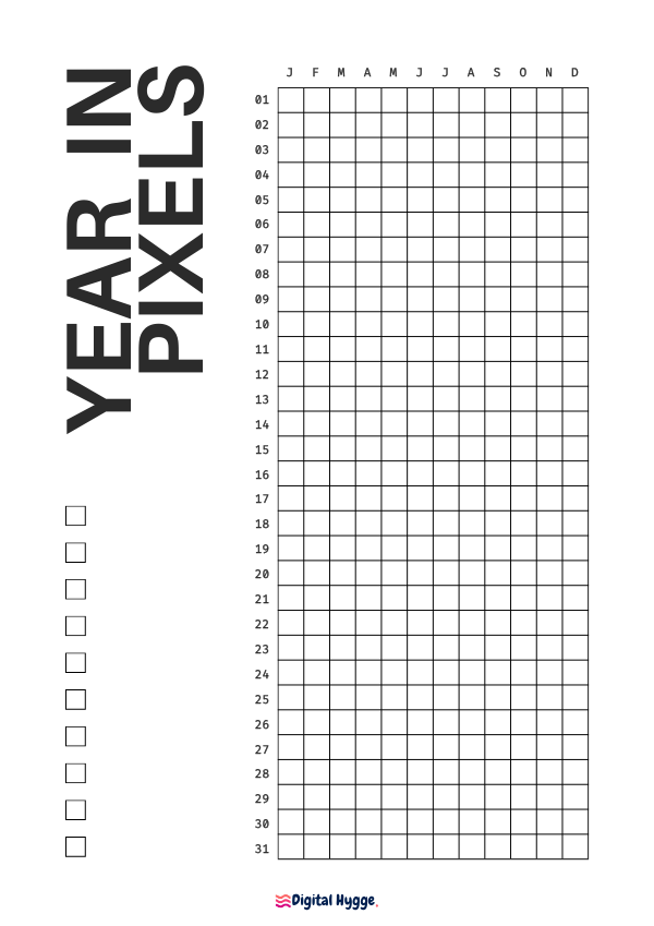 This image presents a free "Year in Pixels" tracker. It is designed in bold, modern style with 10 keys for tracking. Sizes available are A4 and Letter.