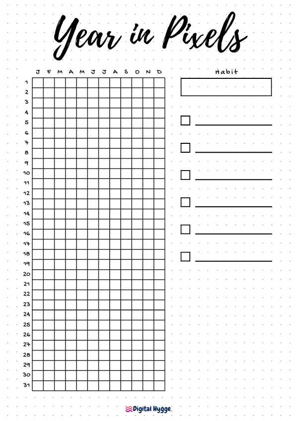 This image features a free printable "Year in Pixels" tracker, designed with an empty habit field. It includes 6 keys. Available in both A4 and Letter sizes.