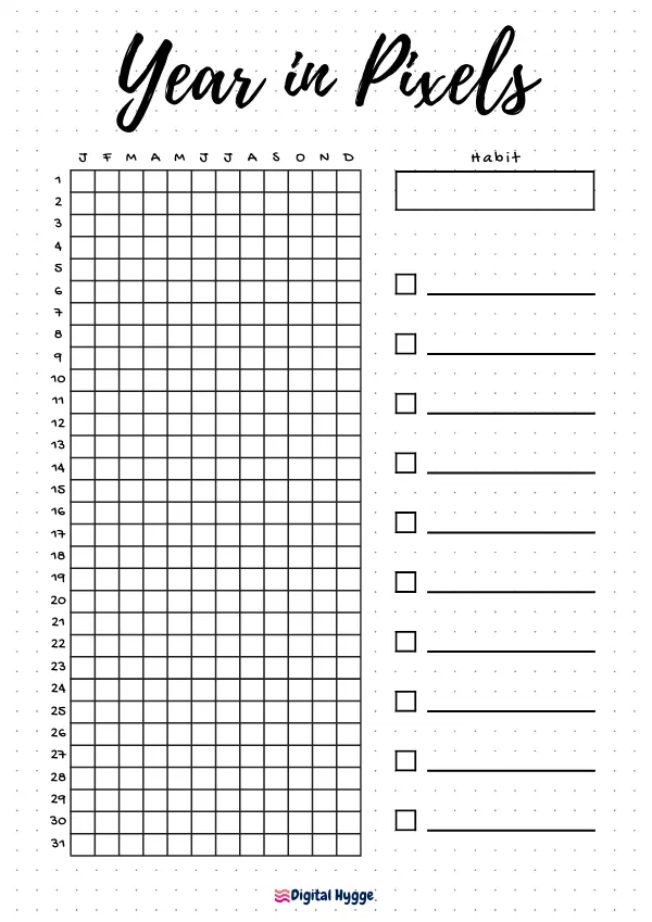 This image features a free printable "Year in Pixels" tracker, designed with an empty habit field. It includes 10 keys. Available in both A4 and Letter sizes.