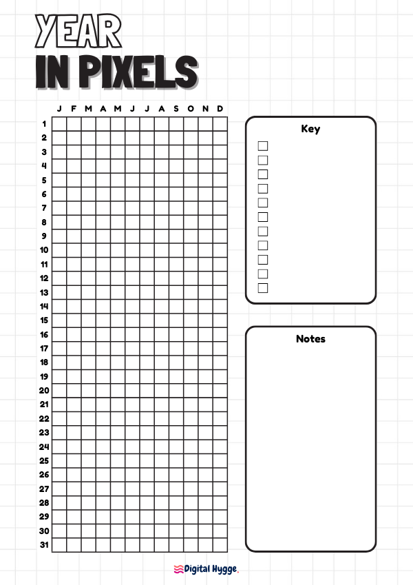This image features a free printable "Year in Pixels" tracker. It includes 11 keys for those requiring more detailed tracking and a section for notes. Available in A4 and Letter sizes.